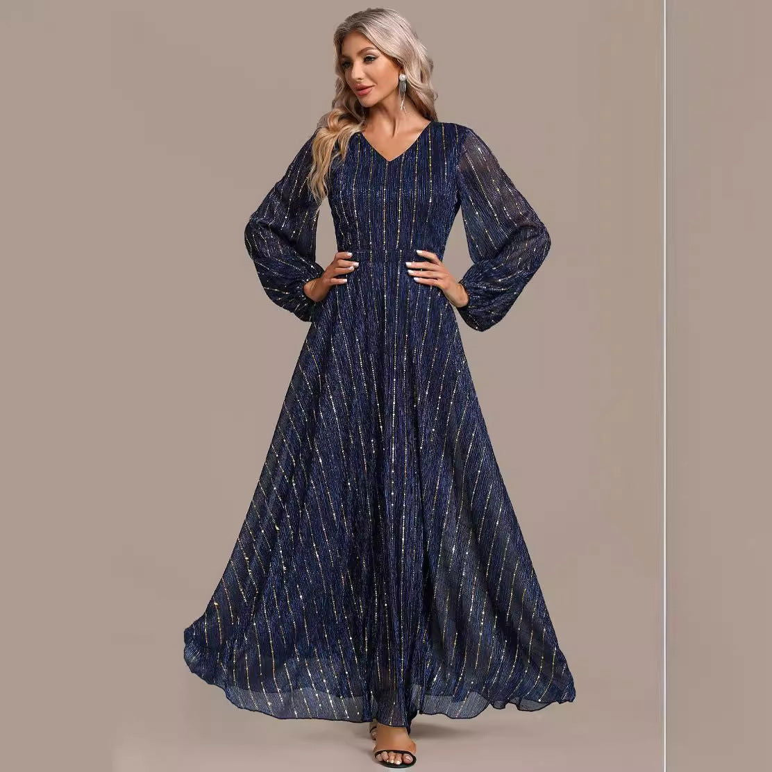 Sequin Pinstripe V-Neck Lantern Sleeve Pleated A-Line Maxi Dress