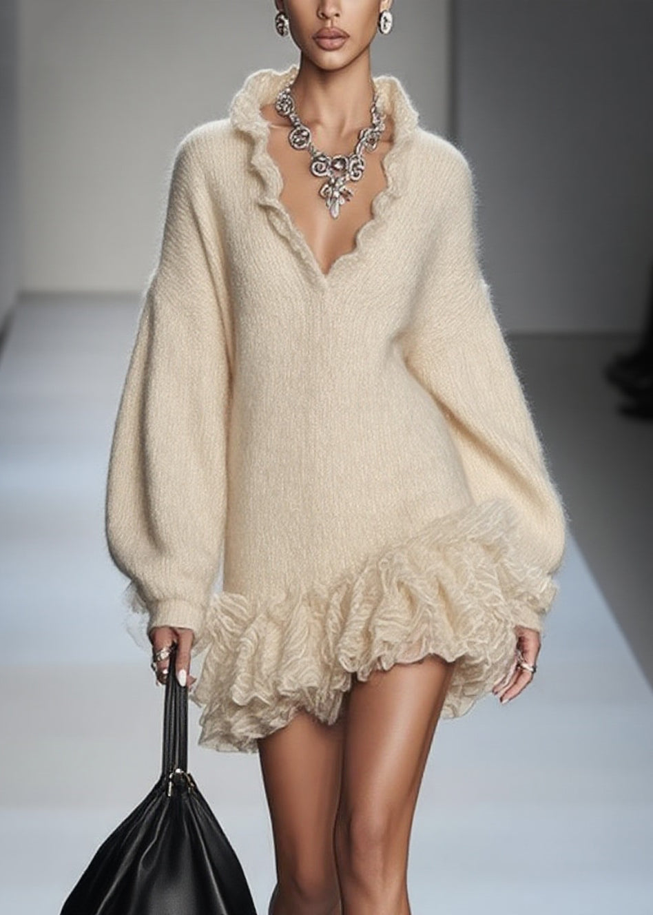 Art Beige V Neck Lace Patchwork Knit Mini Dresses Spring