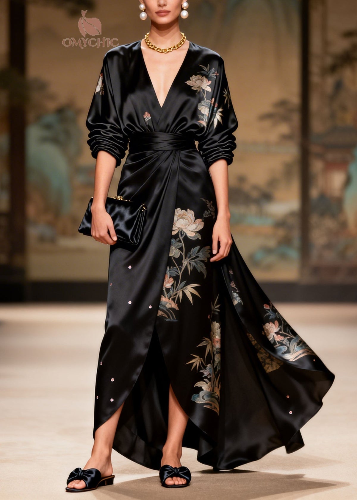 Bamboo Floral Print V-Neck Long Sleeve Wrap Belted Satin Maxi Gown