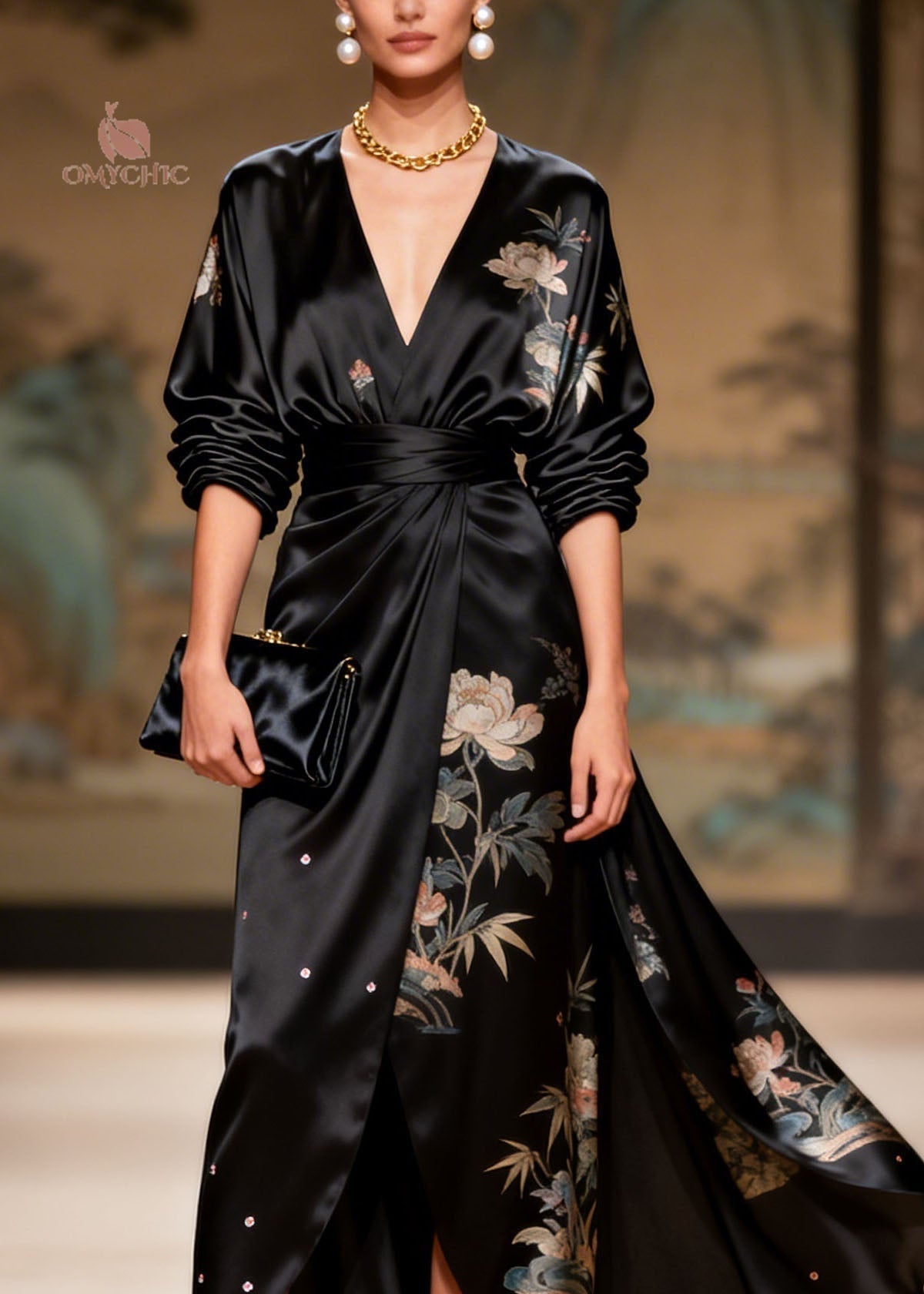 Bamboo Floral Print V-Neck Long Sleeve Wrap Belted Satin Maxi Gown - View 2