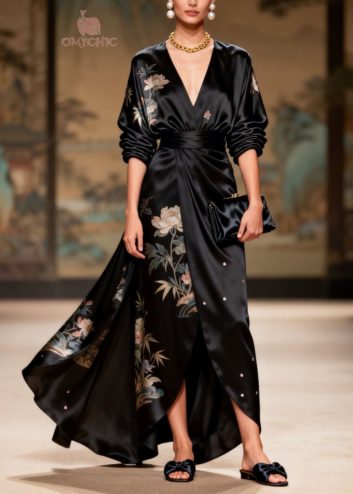 Bamboo Floral Print V-Neck Long Sleeve Wrap Belted Satin Maxi Gown - View 3