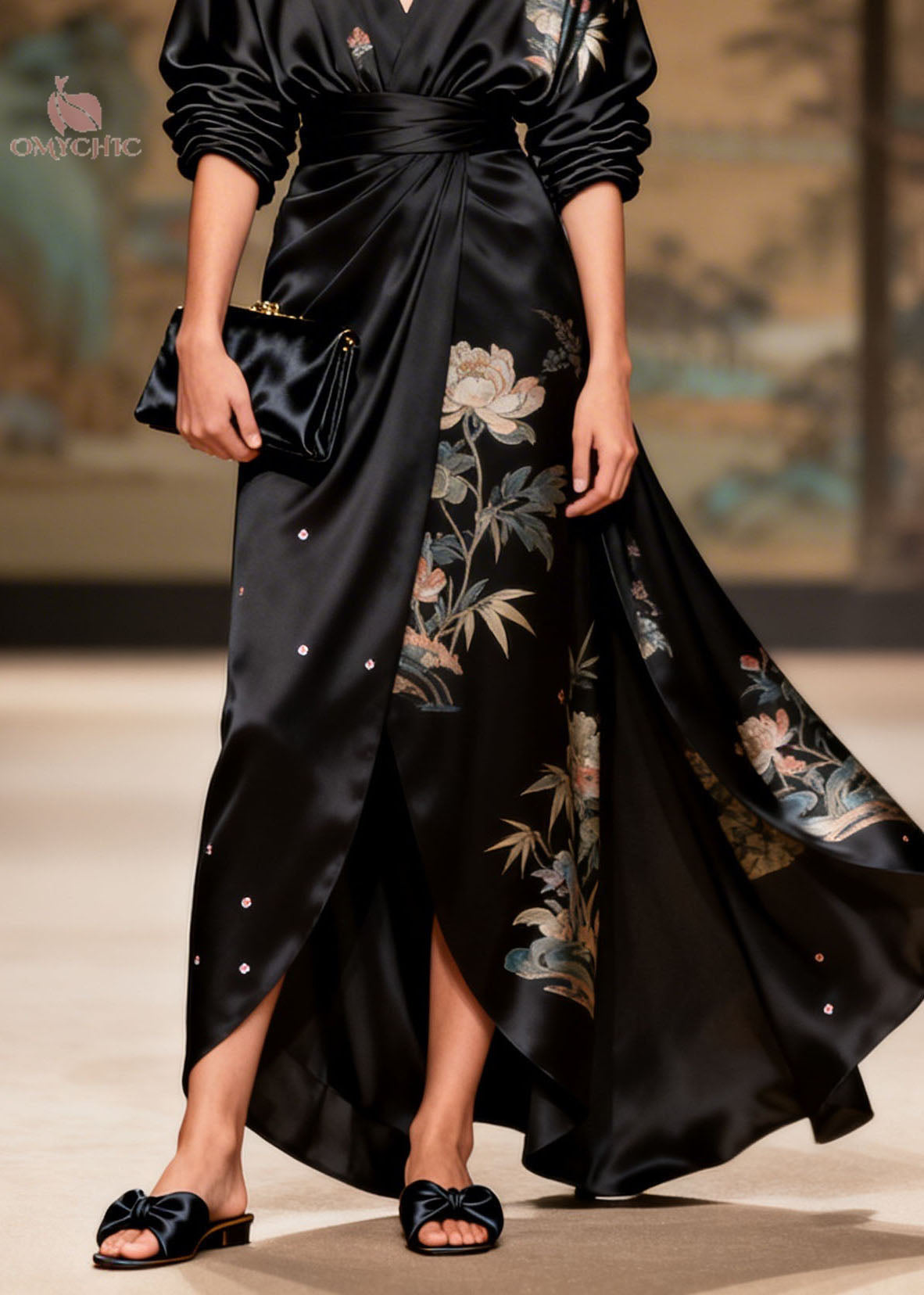 Bamboo Floral Print V-Neck Long Sleeve Wrap Belted Satin Maxi Gown - View 4