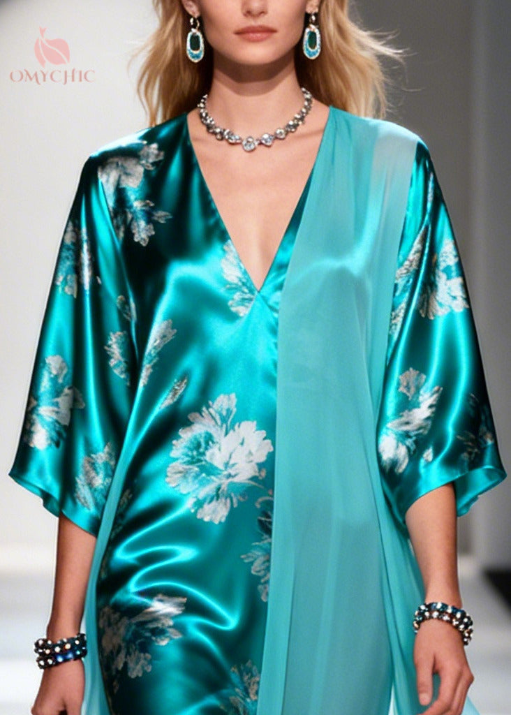 Floral Deep V-Neck Half Sleeve Satin Draped Chiffon Maxi Dress - View 2