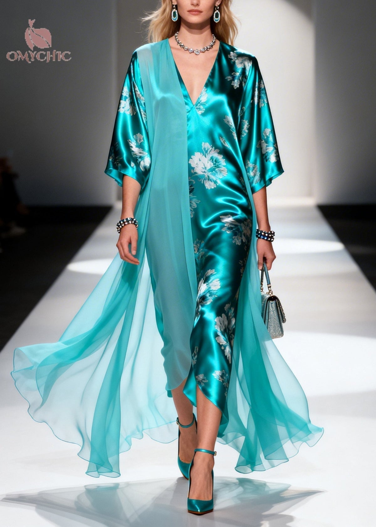 Floral Deep V-Neck Half Sleeve Satin Draped Chiffon Maxi Dress - View 3