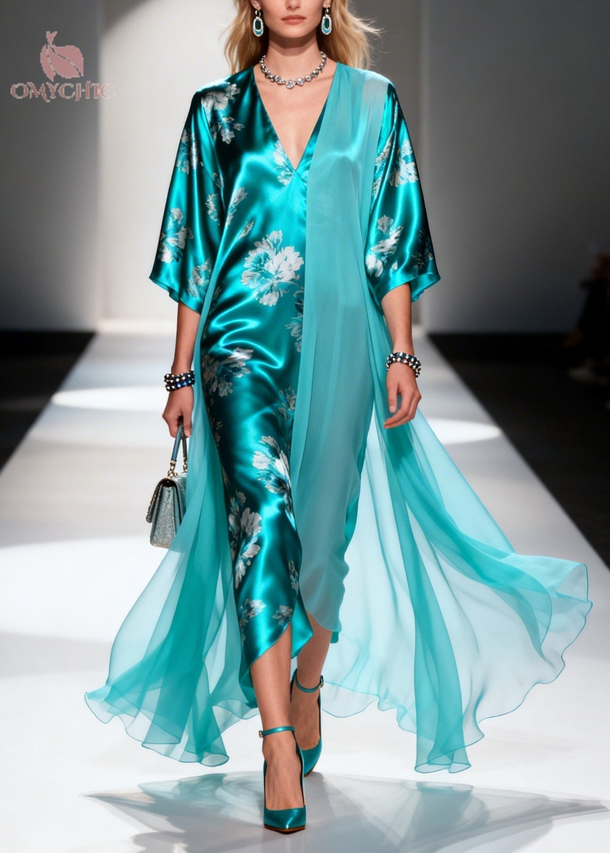 Floral Deep V-Neck Half Sleeve Satin Draped Chiffon Maxi Dress - View 5