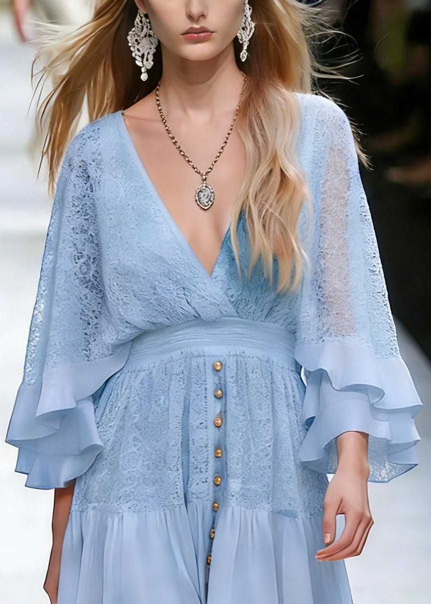 Lace Deep V-Neck Bell Sleeve Ruffle Button Front Mini Dress - View 2