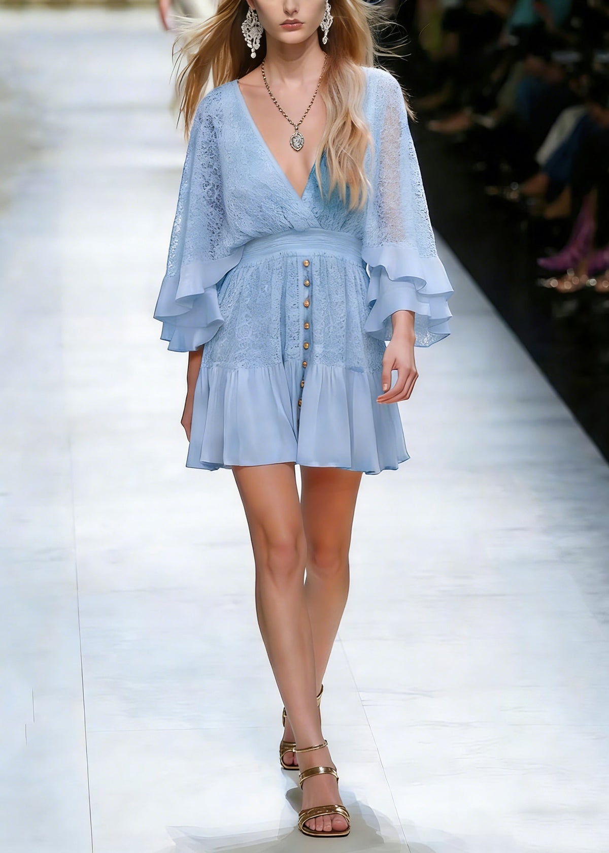 Lace Deep V-Neck Bell Sleeve Ruffle Button Front Mini Dress - View 5