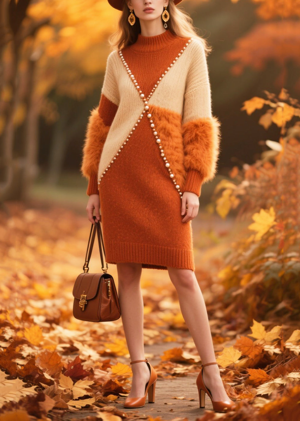 Mock Neck Faux Fur Sleeve Pearl Bead Embellished Knit Mini Dress