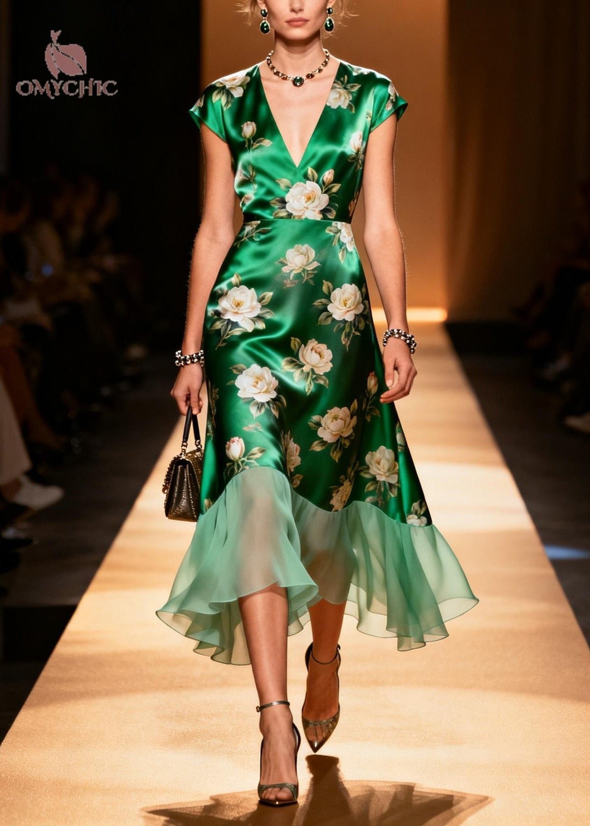 V-Neck Silk Floral Patchwork Midi Dress