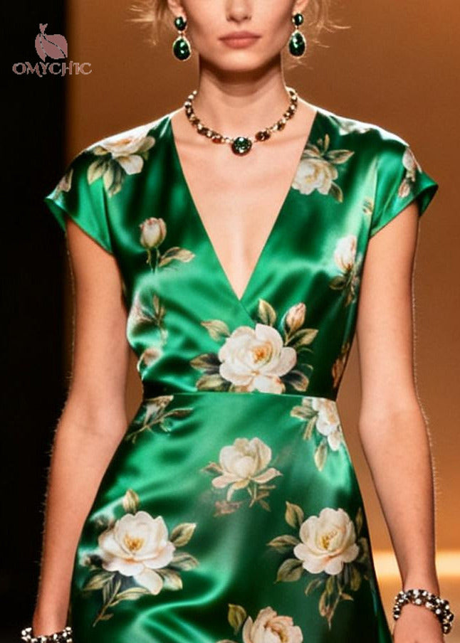 V-Neck Silk Floral Patchwork Midi Dress - View 2