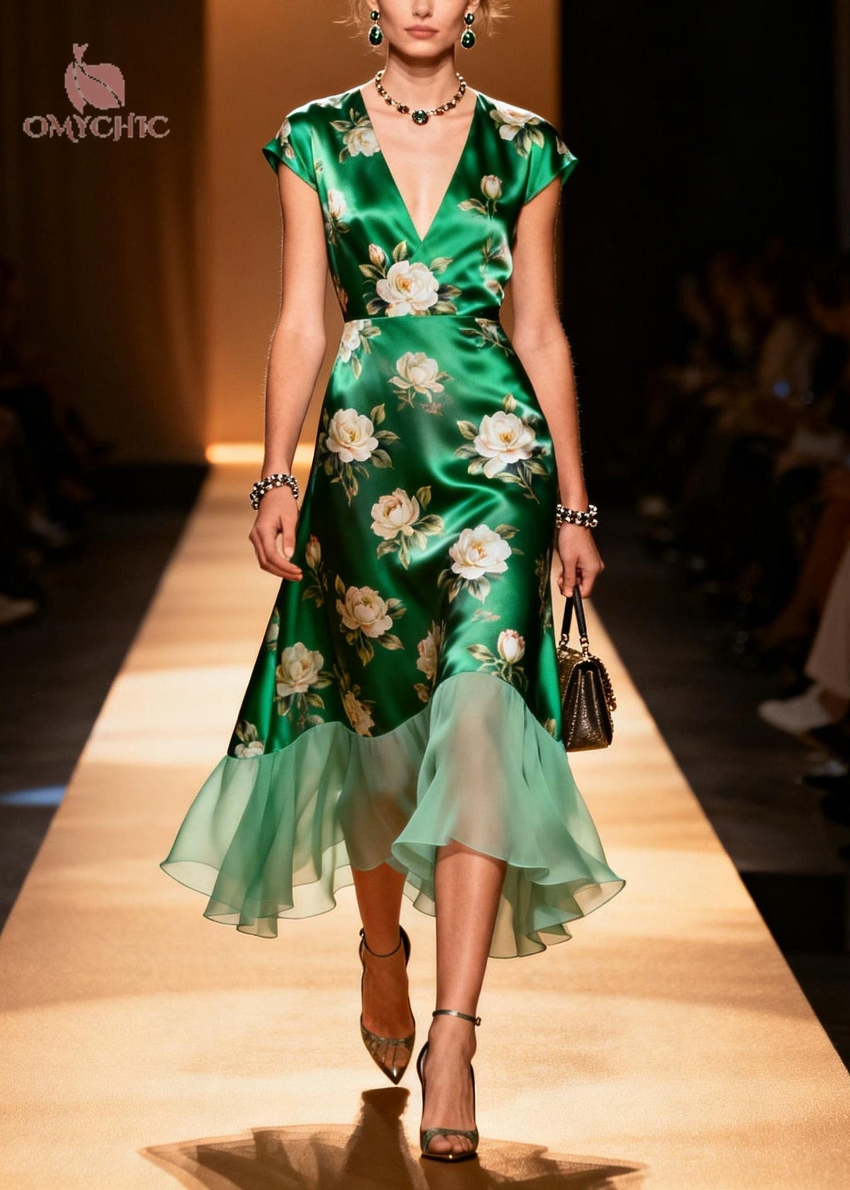V-Neck Silk Floral Patchwork Midi Dress - View 3