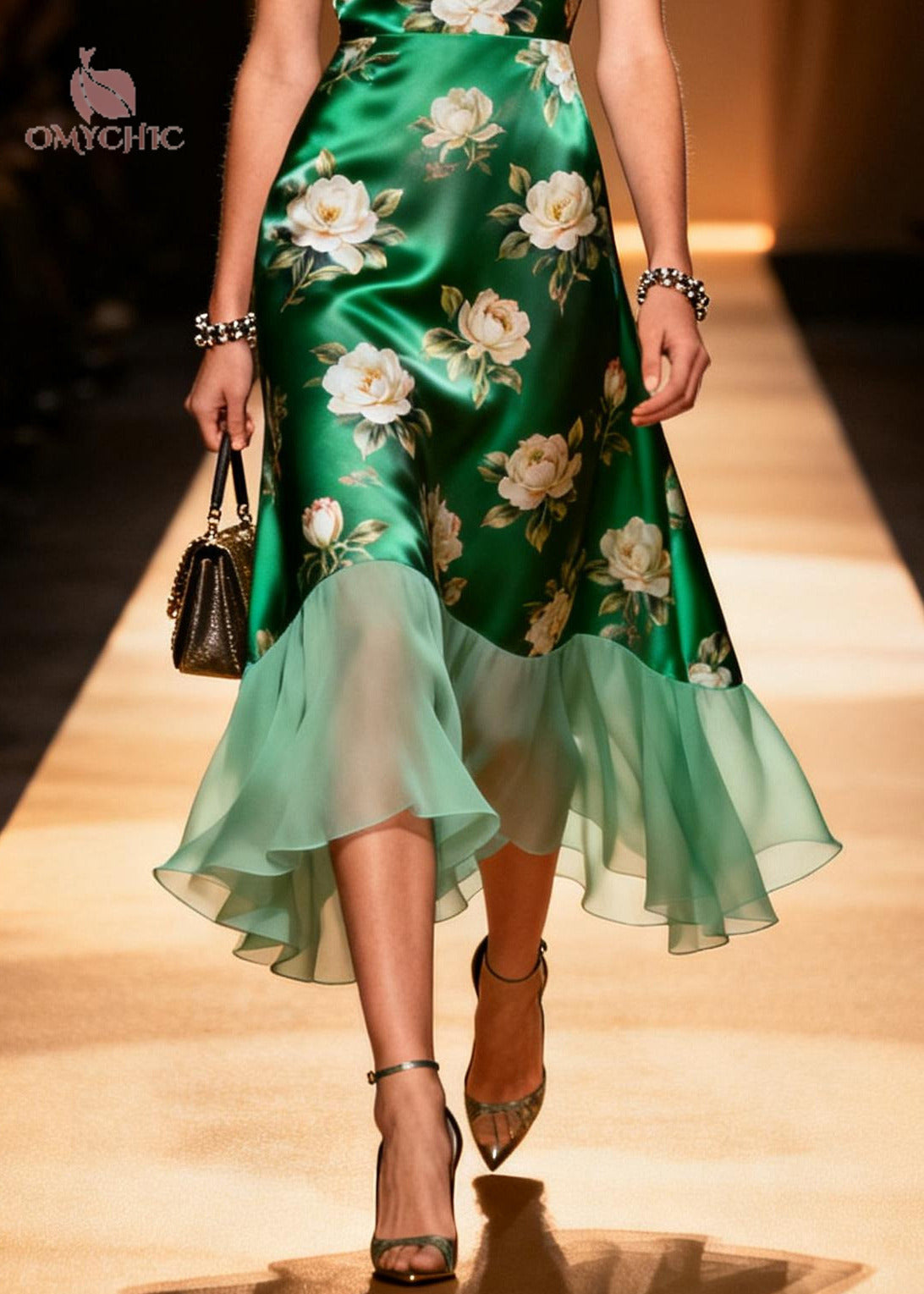 V-Neck Silk Floral Patchwork Midi Dress - View 4