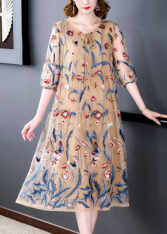Embroidered Butterfly Floral Mesh Tiered Puff Sleeve Midi Dress