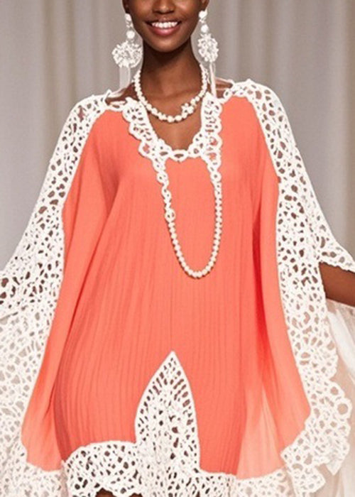 Crochet Lace Trim Butterfly Sleeve Chiffon V-Neck Kaftan Mini Dress - View 2