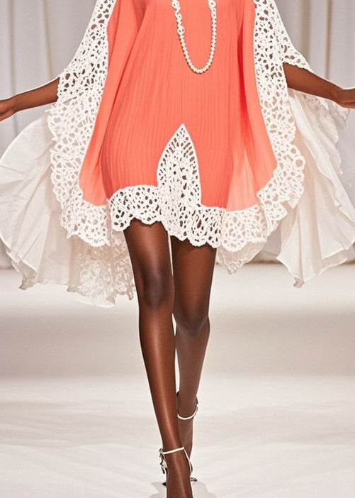 Crochet Lace Trim Butterfly Sleeve Chiffon V-Neck Kaftan Mini Dress - View 4