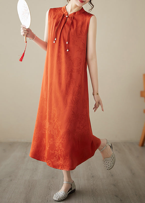 Jacquard Mandarin Collar Sleeveless Bead Tie Keyhole Midi Dress