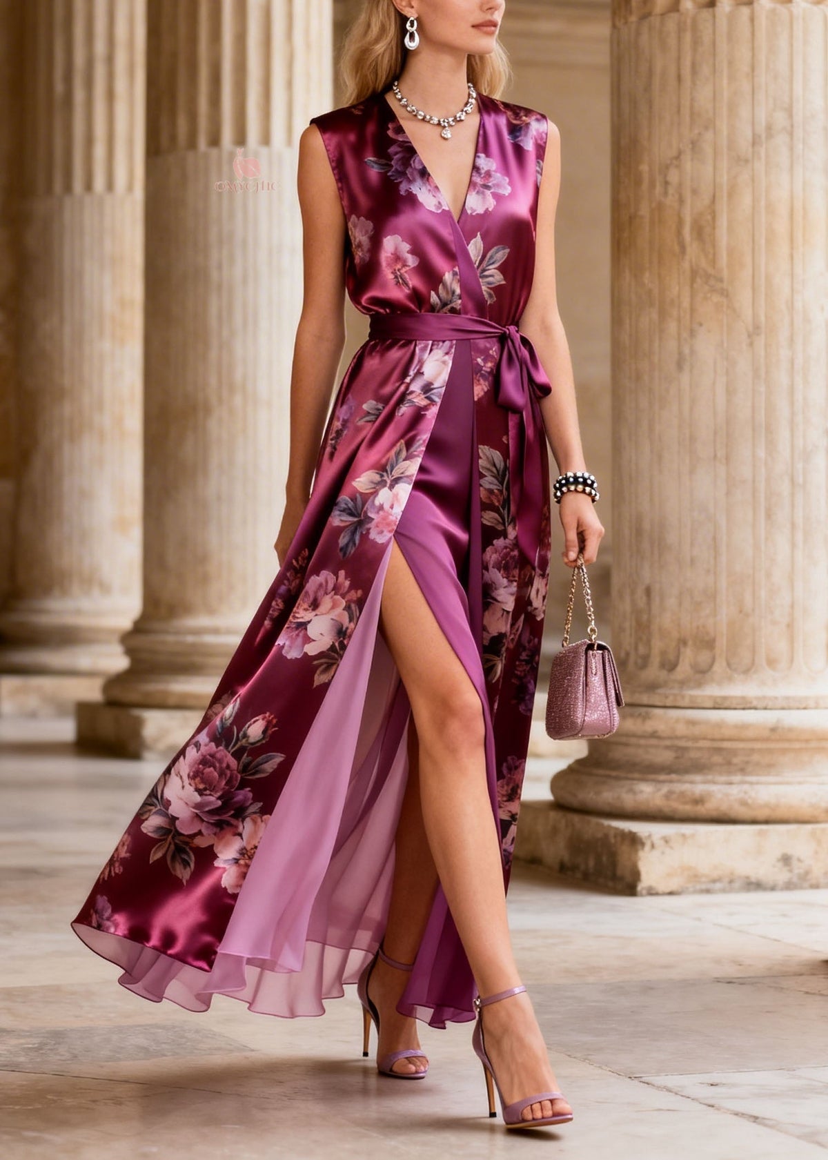 Art Purple V Neck Print Lace Up Silk Maxi Dresses Summer