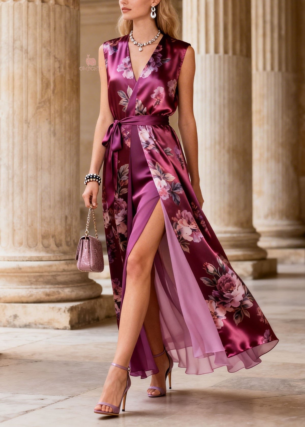 Art Purple V Neck Print Lace Up Silk Maxi Dresses Summer - View 3