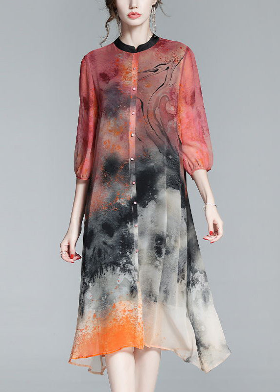 Abstract Print Mandarin Collar Button Down Midi Shirt Dress