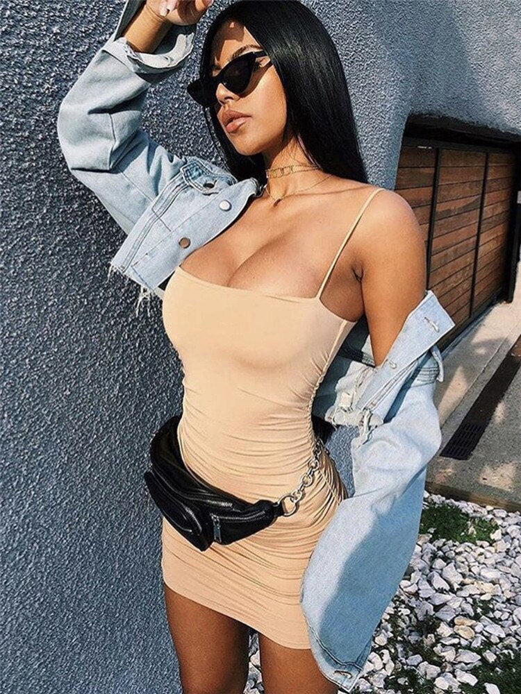 Mesh Square Neck Spaghetti Strap Ruched Bodycon Mini Dress 5