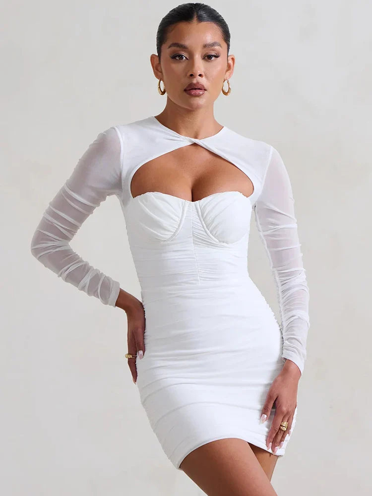 Mesh Pleated Wrap Mini Dress