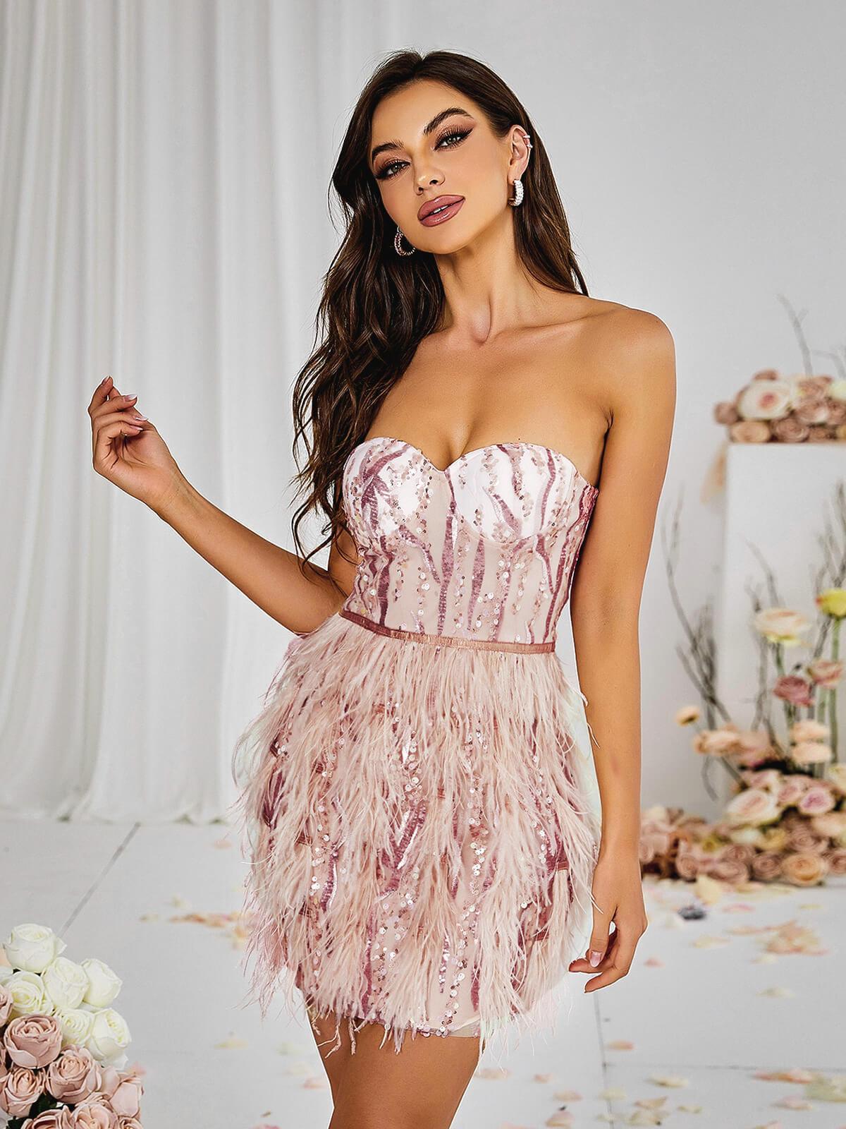 Sequin Strapless Corset Feather-Hem Mini Dress 4