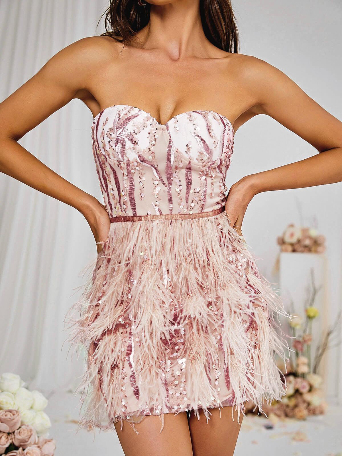 Sequin Strapless Corset Feather-Hem Mini Dress 6