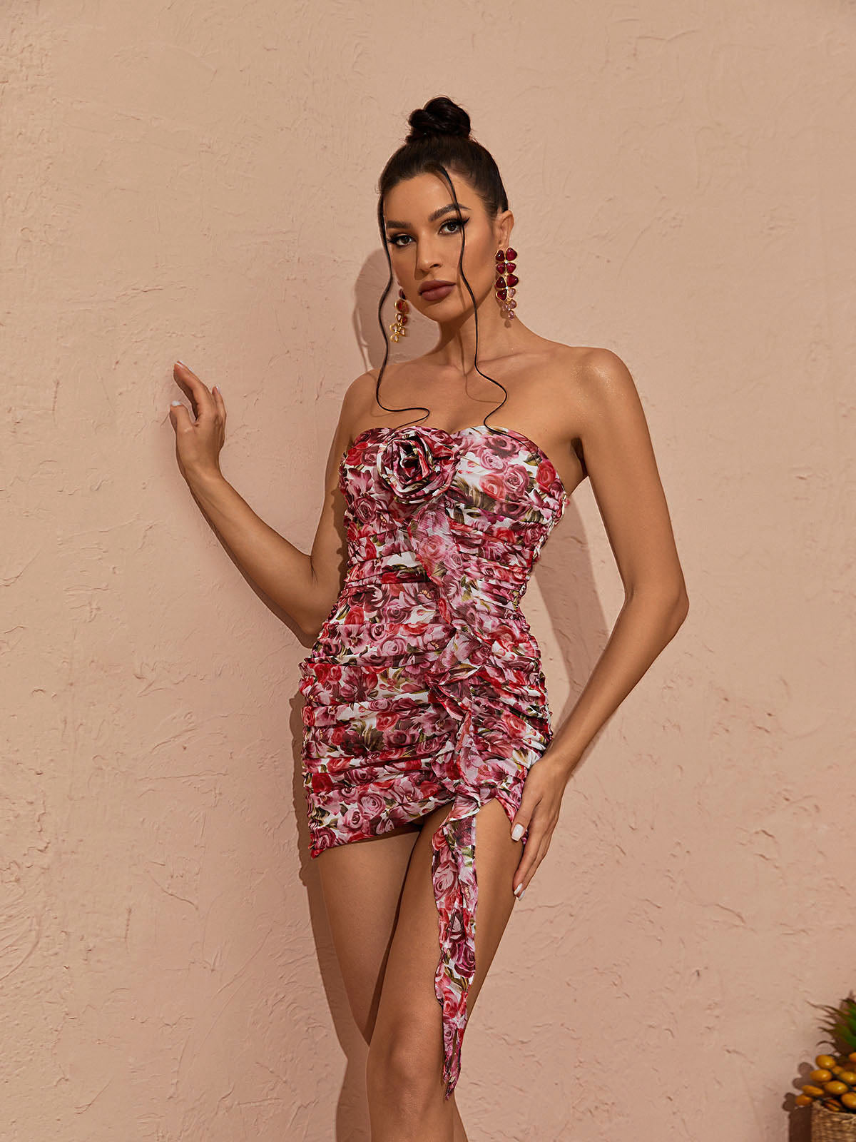 Floral Strapless Rosette Ruched Bodycon Mini Dress 4