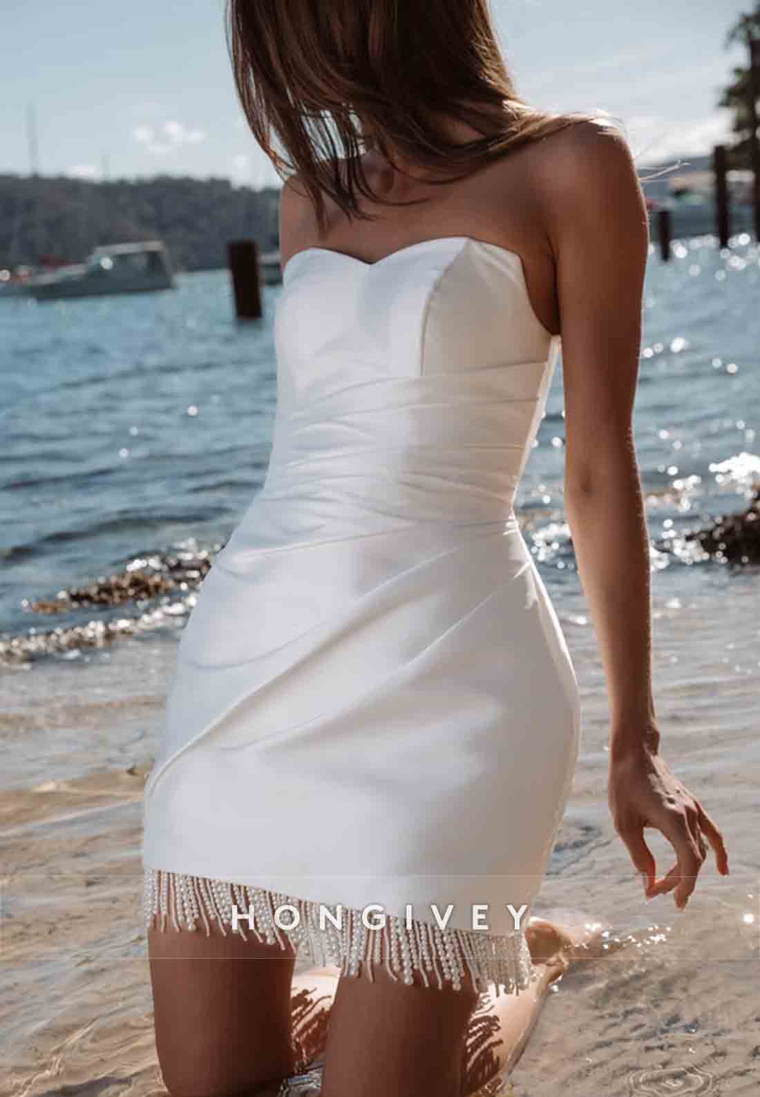 Simple Strapless Pleated Beadwork Mini Beach Wedding Dress