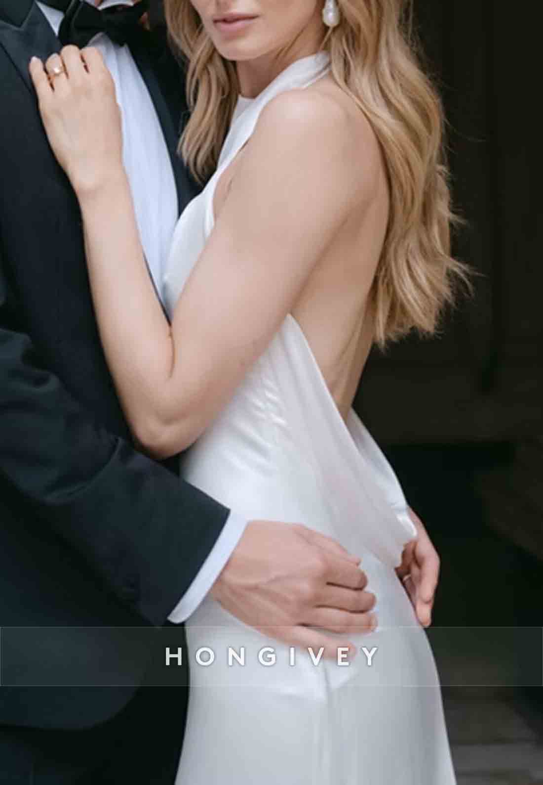 Halter Sleeveless Backless Pleated Simple Court Train Wedding Dresses