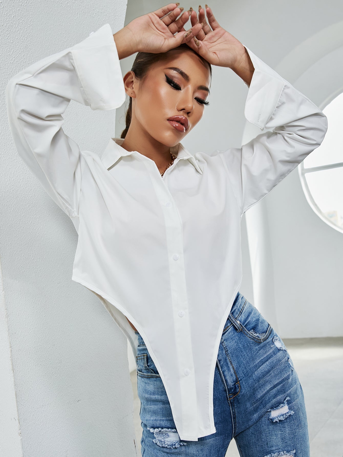 Asymmetrical Hem Crop Blouse - Fashionpara