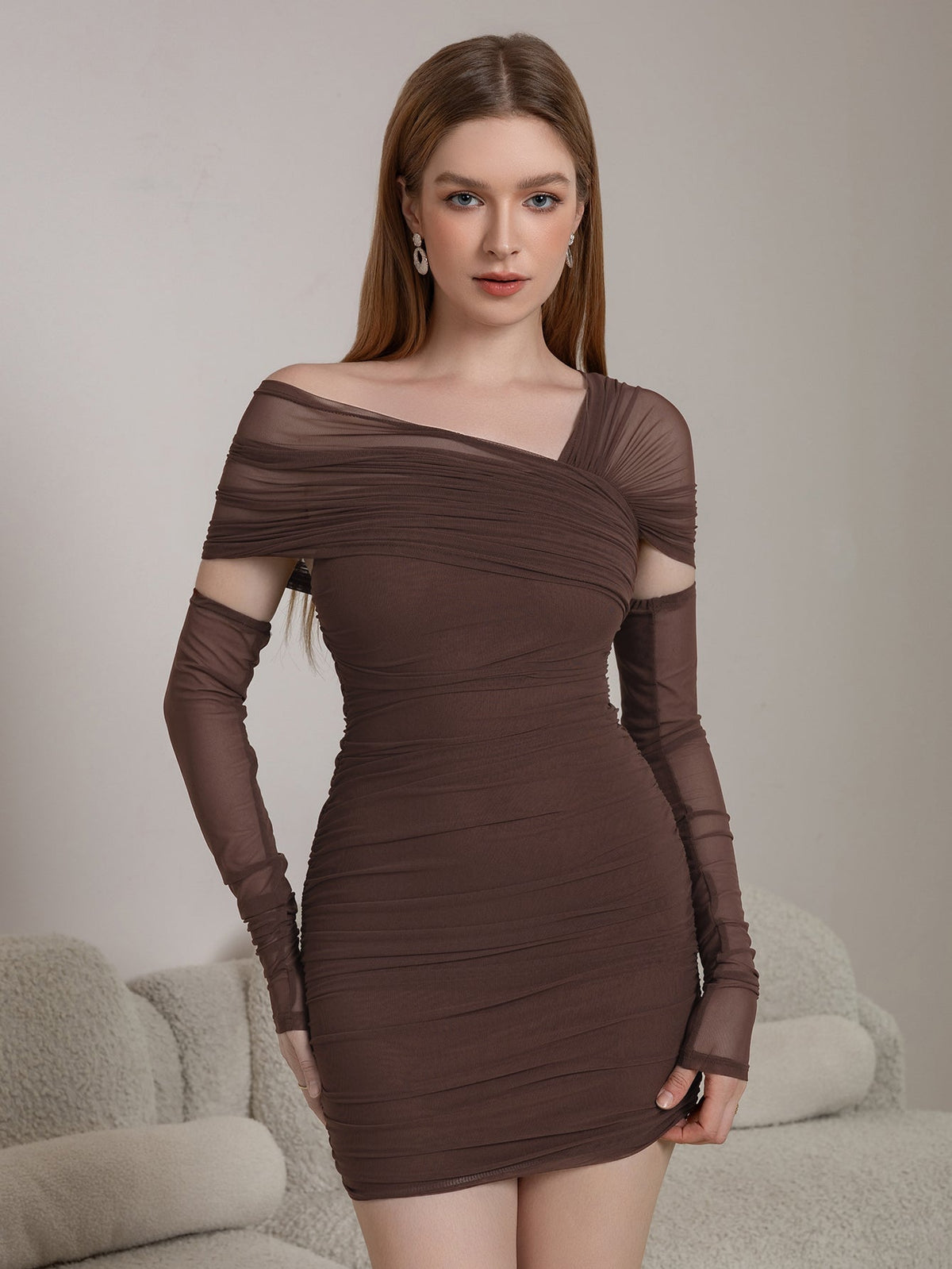 Mesh Off Shoulder Long Sleeve Ruched Cut Out Bodycon Mini Dress
