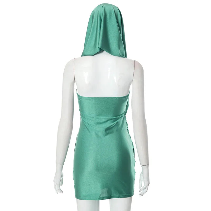 Hooded One Shoulder Ruched Bodycon Mini Dress 6