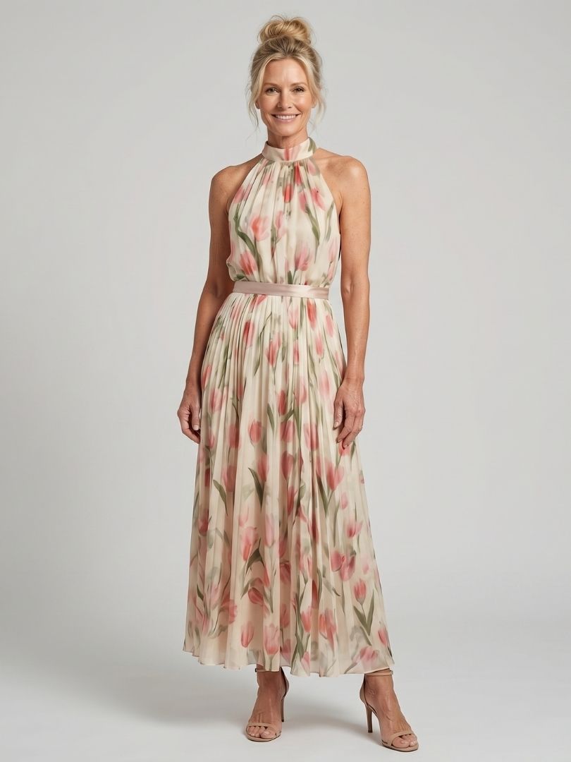 Floral Halter Neck Pleated Belted Maxi Dress