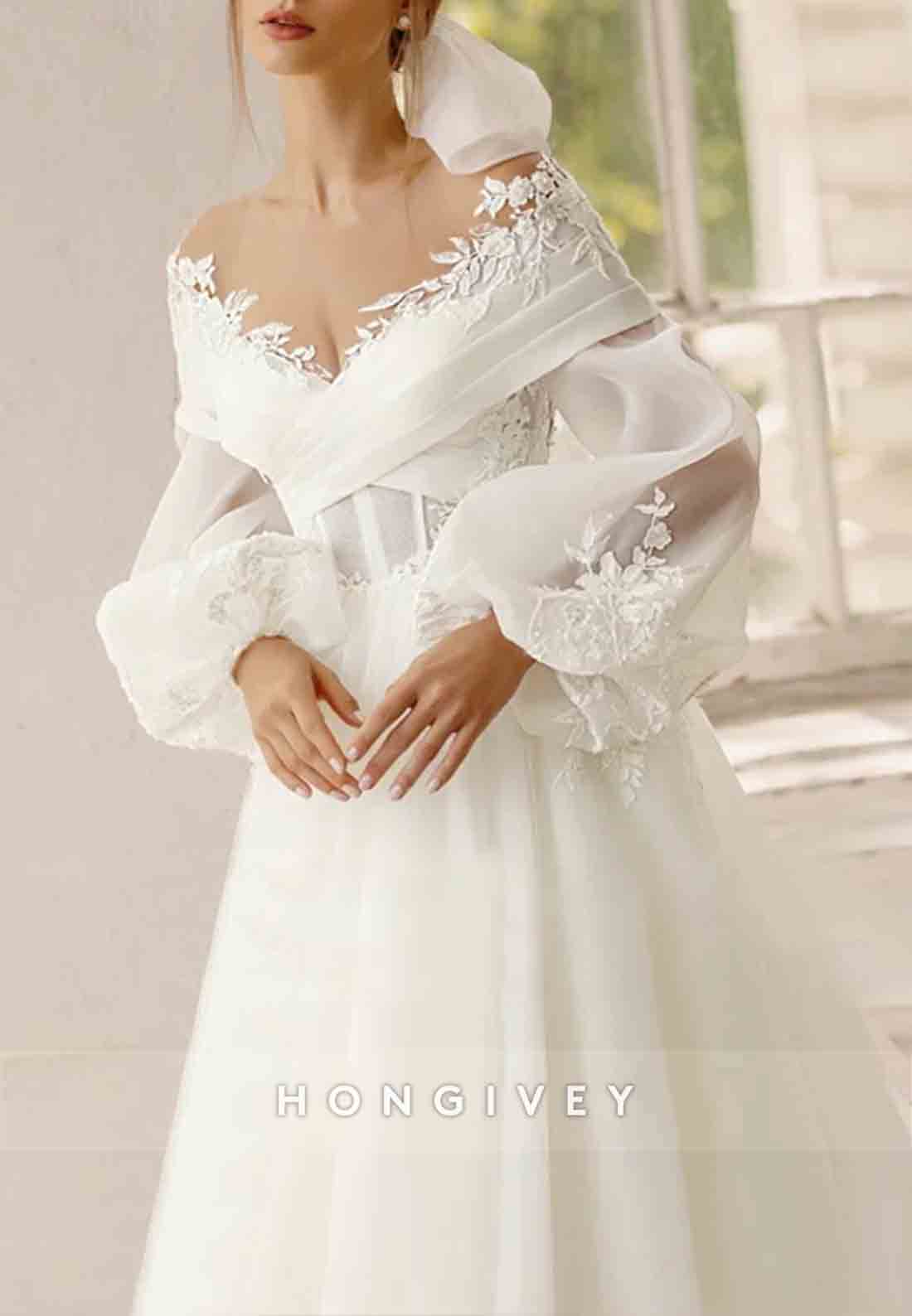 Off the Shoulder V Neck Lace Long Sleeve Empire Wedding Dresses