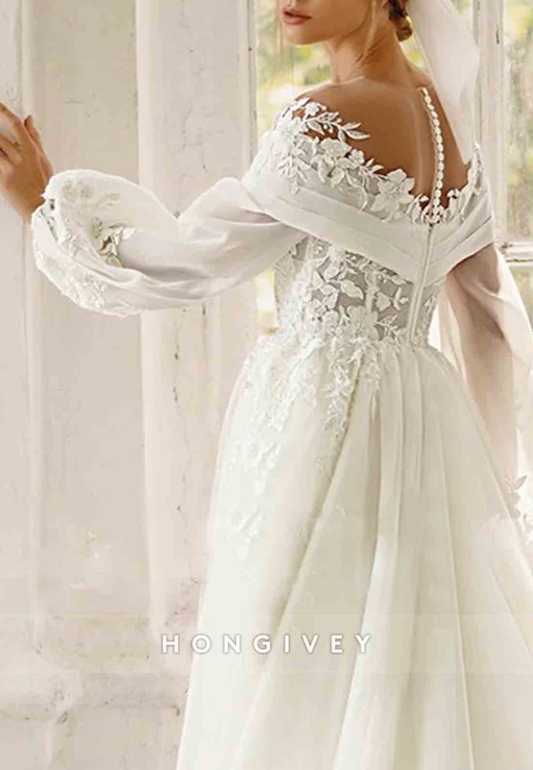 Off the Shoulder V Neck Lace Long Sleeve Empire Wedding Dresses