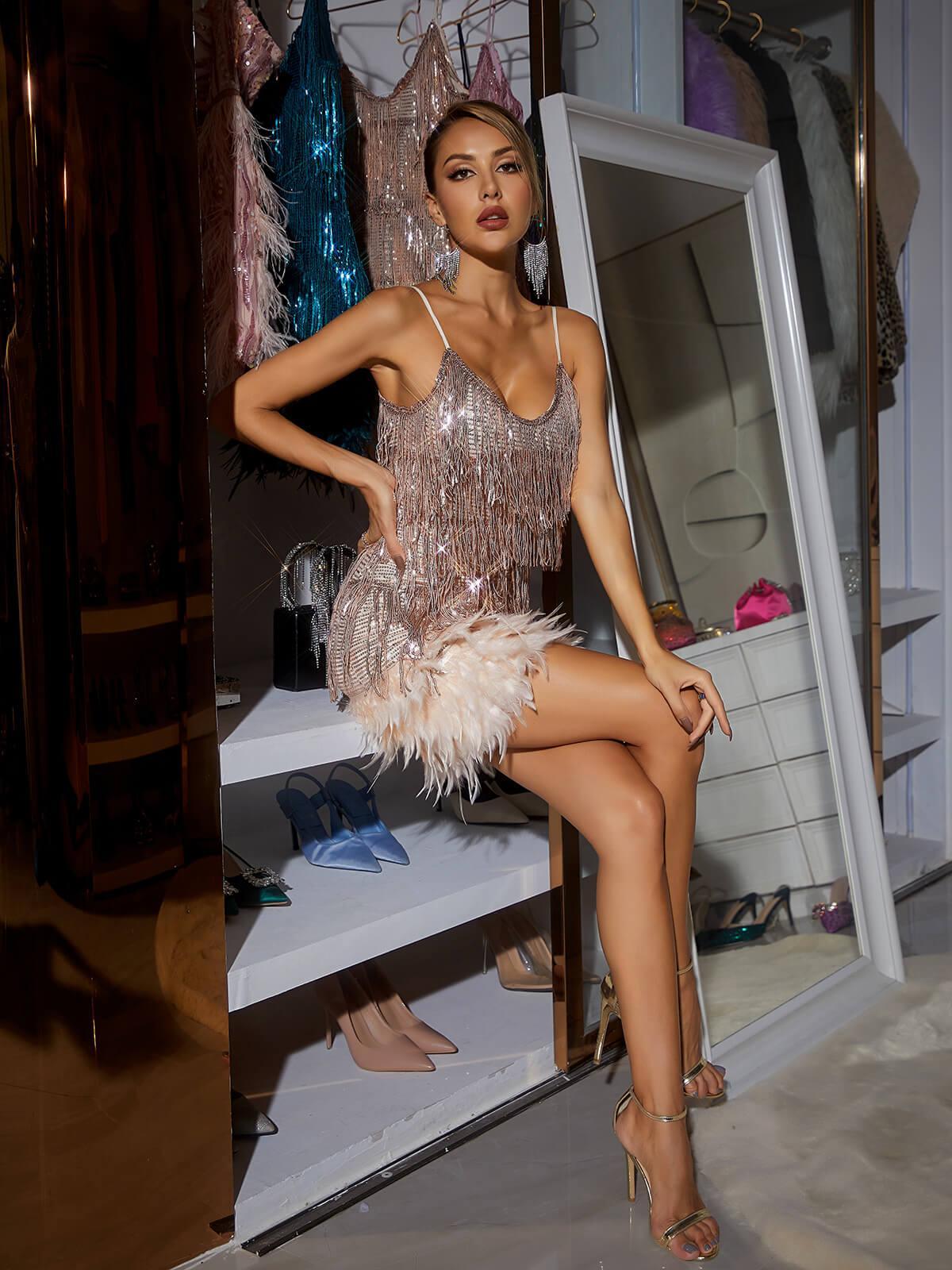Spaghetti Strap Sequin Fringe Feather Hem Mini Party Dress - View 4