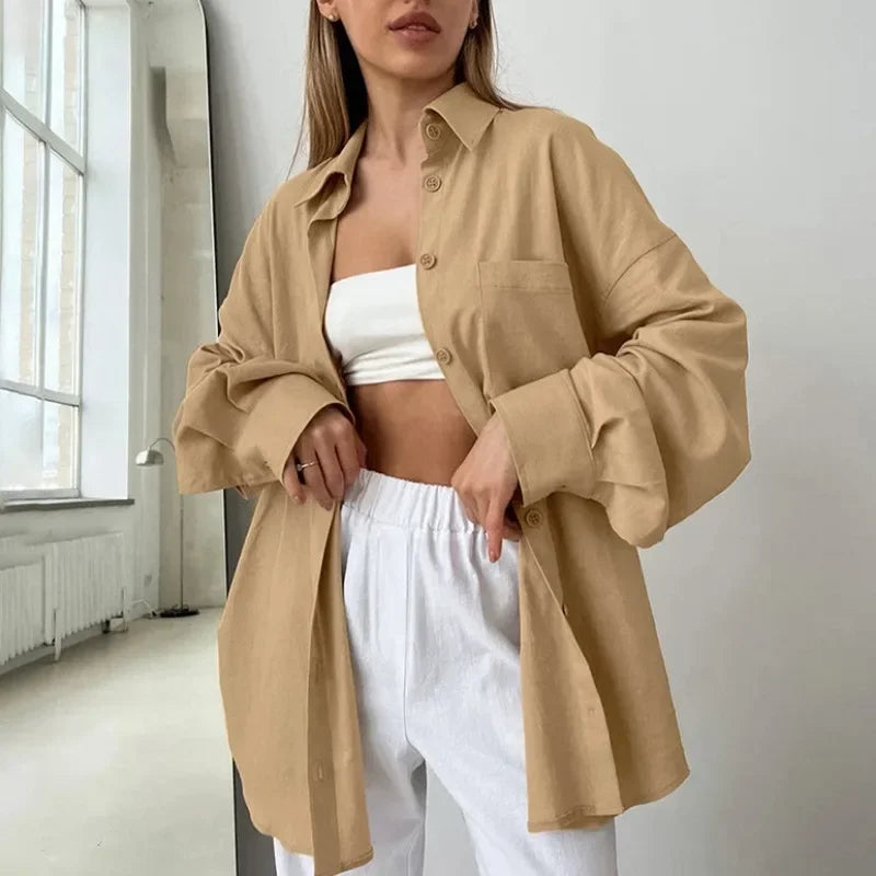 Solid Loose Cotton Blouse Elegant Autumn Blouse