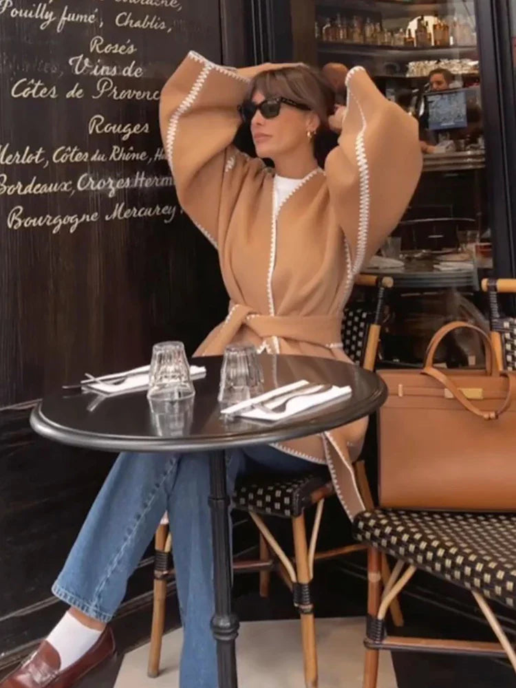 Embroidered Lace V Neck Coat - Fashionpara