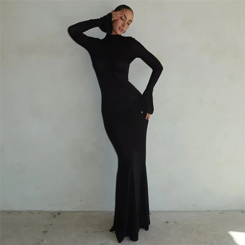 High-Neck Long-Sleeve Backless Fitted Mermaid Gown