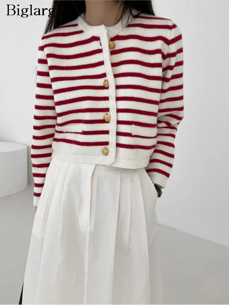 Striped Print Cropped Loose Knit Knit Cardigan