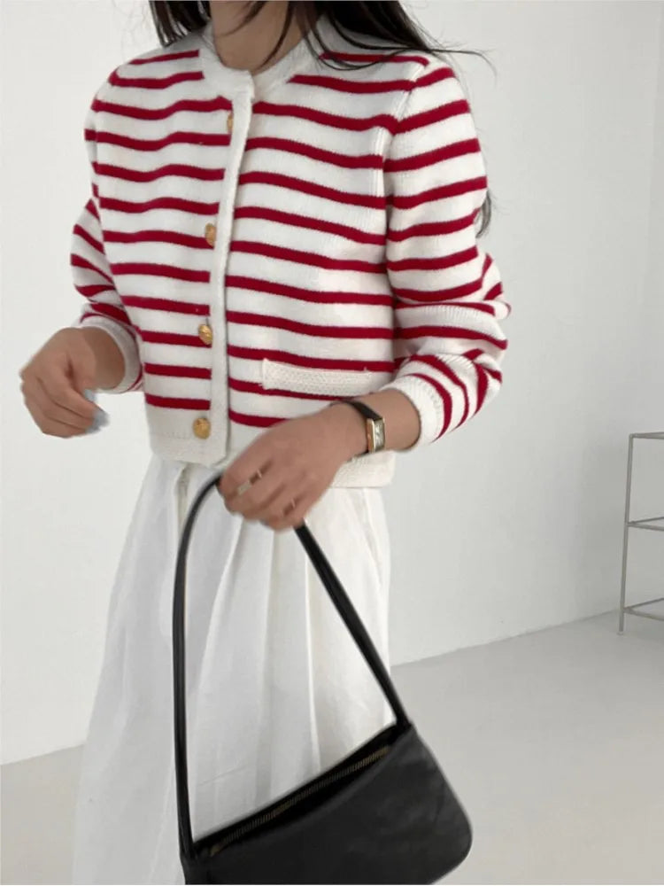 Striped Print Cropped Loose Knit Knit Cardigan