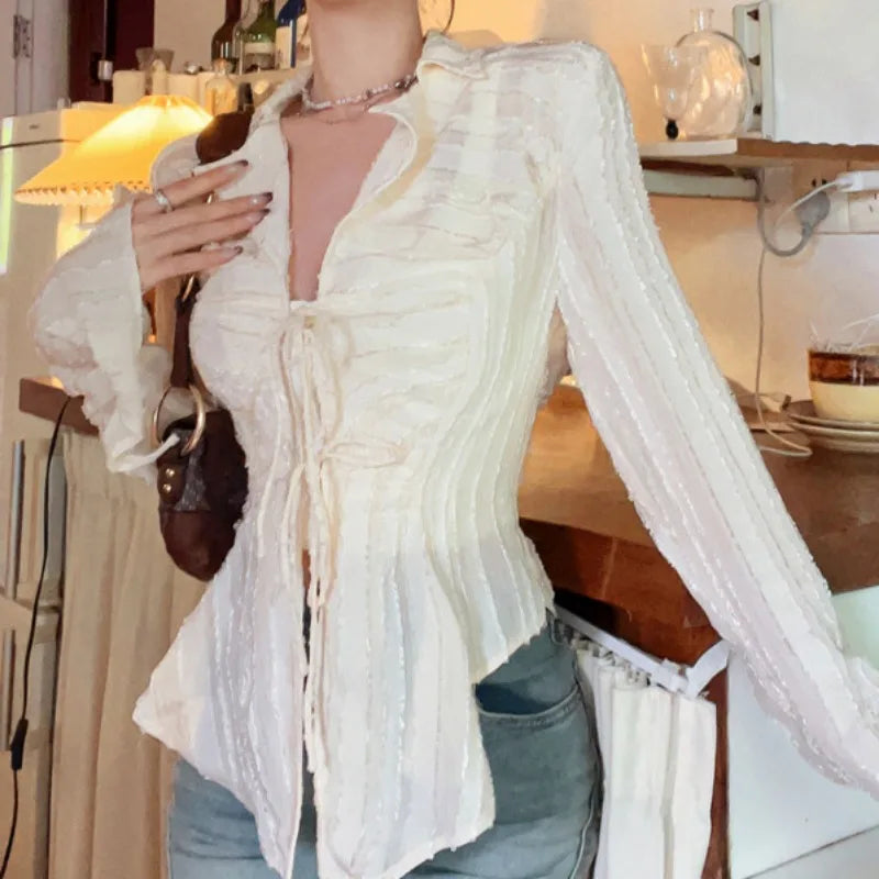 Lace Up Blouse Turn-down Collar Women Blouse APRICOT / S blouse-250126