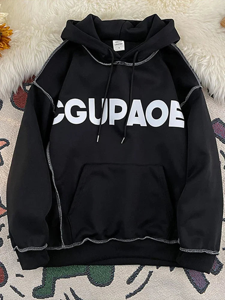 Autumn Letter Print Loose Fleece Hoodie