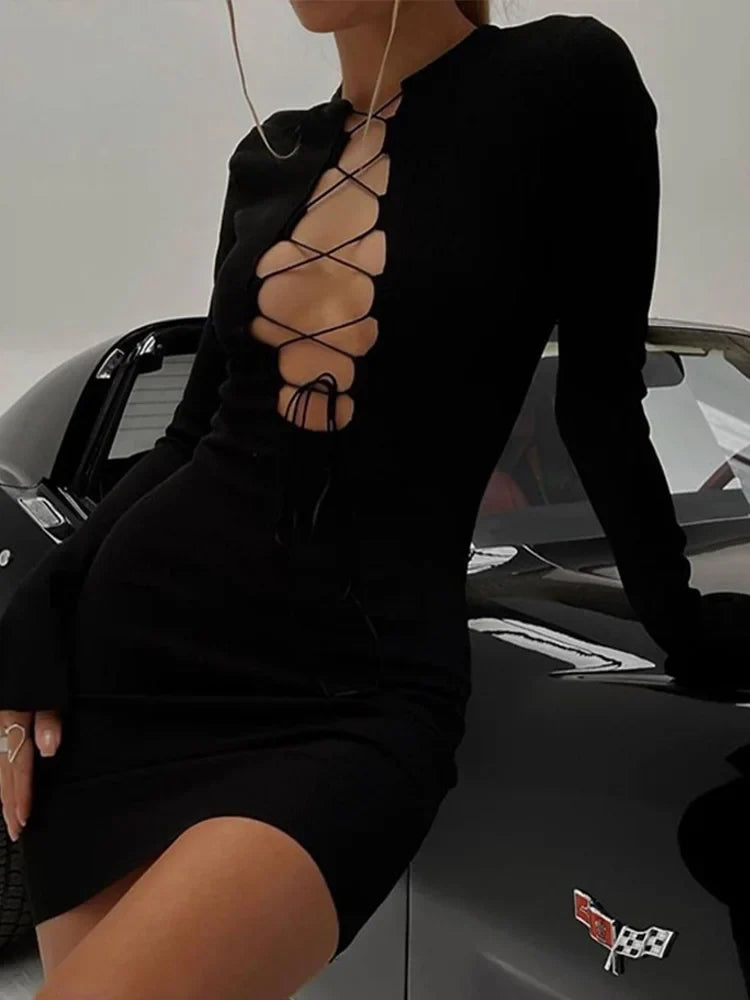 Ribbed Knit Plunge Lace-Up Cutout Long Sleeve Bodycon Mini Dress 3