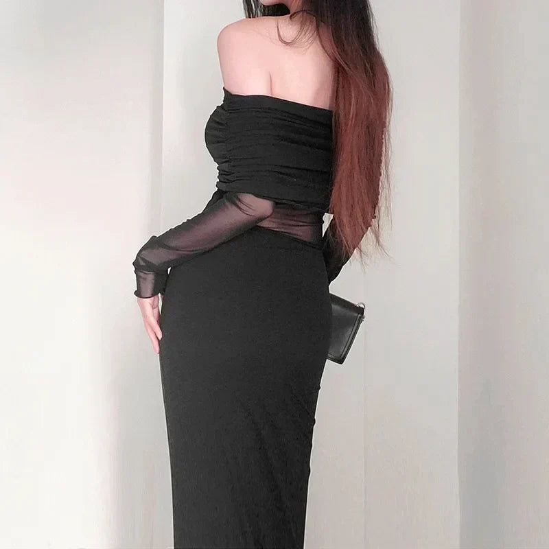 Off Shoulder Long Sleeve Cutout Bodycon Maxi Dress