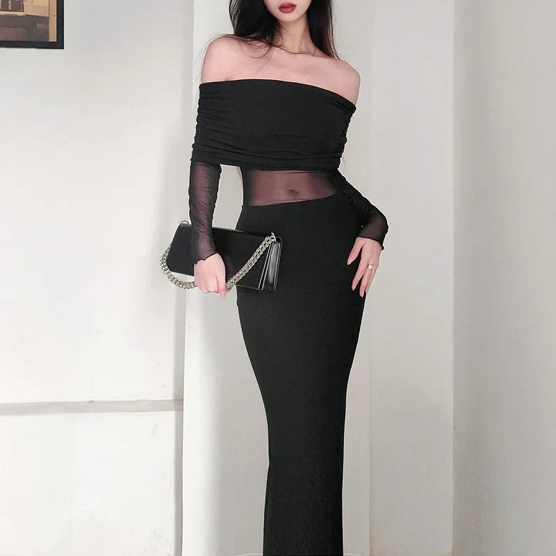 Off Shoulder Long Sleeve Cutout Bodycon Maxi Dress