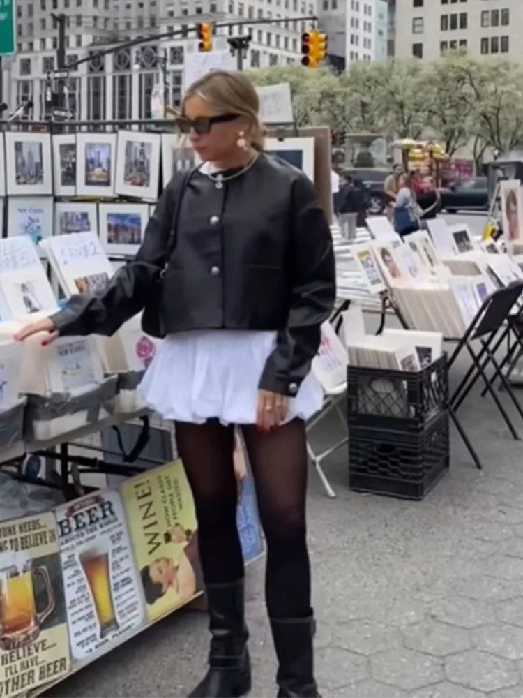 Autumn Single-breasted Long Sleeve Casual O-neck Cropped Black Coats - Fashionpara