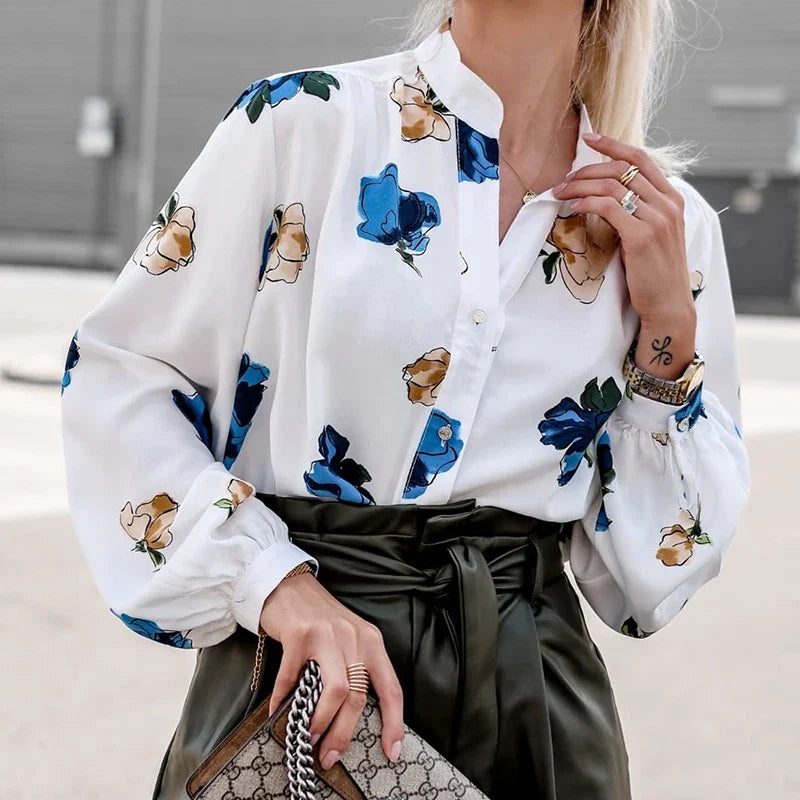 Stand Collar Floral Print Lantern Sleeve Blouse
