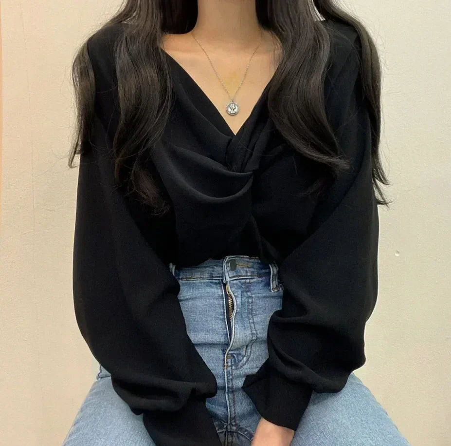 V-neck Twisted Lantern Sleeve Solid Casual Blouse Black / One Size blouse-250126
